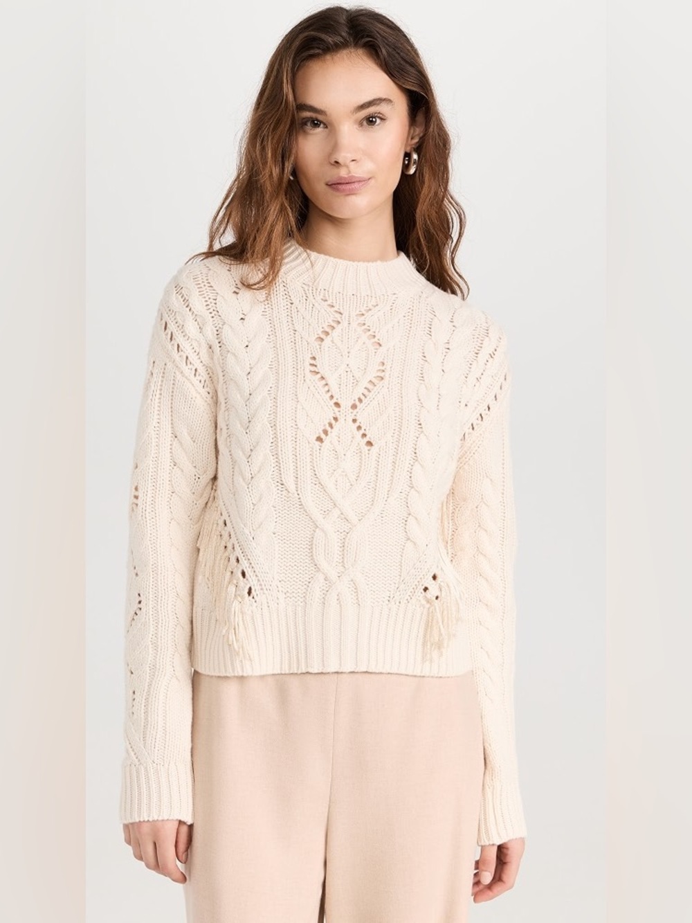 VINCE Fringe Cable Knit Sweater - Classic Crewneck - Medium